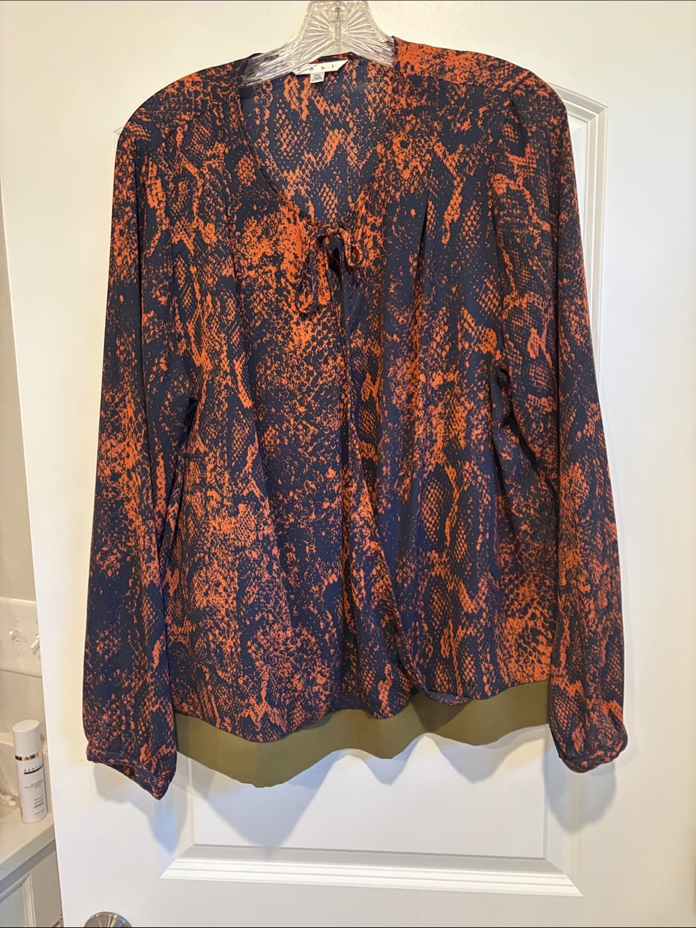 CAbi #101 Border Wrap Python  Navy and Orange m Blouse with Olive  green border